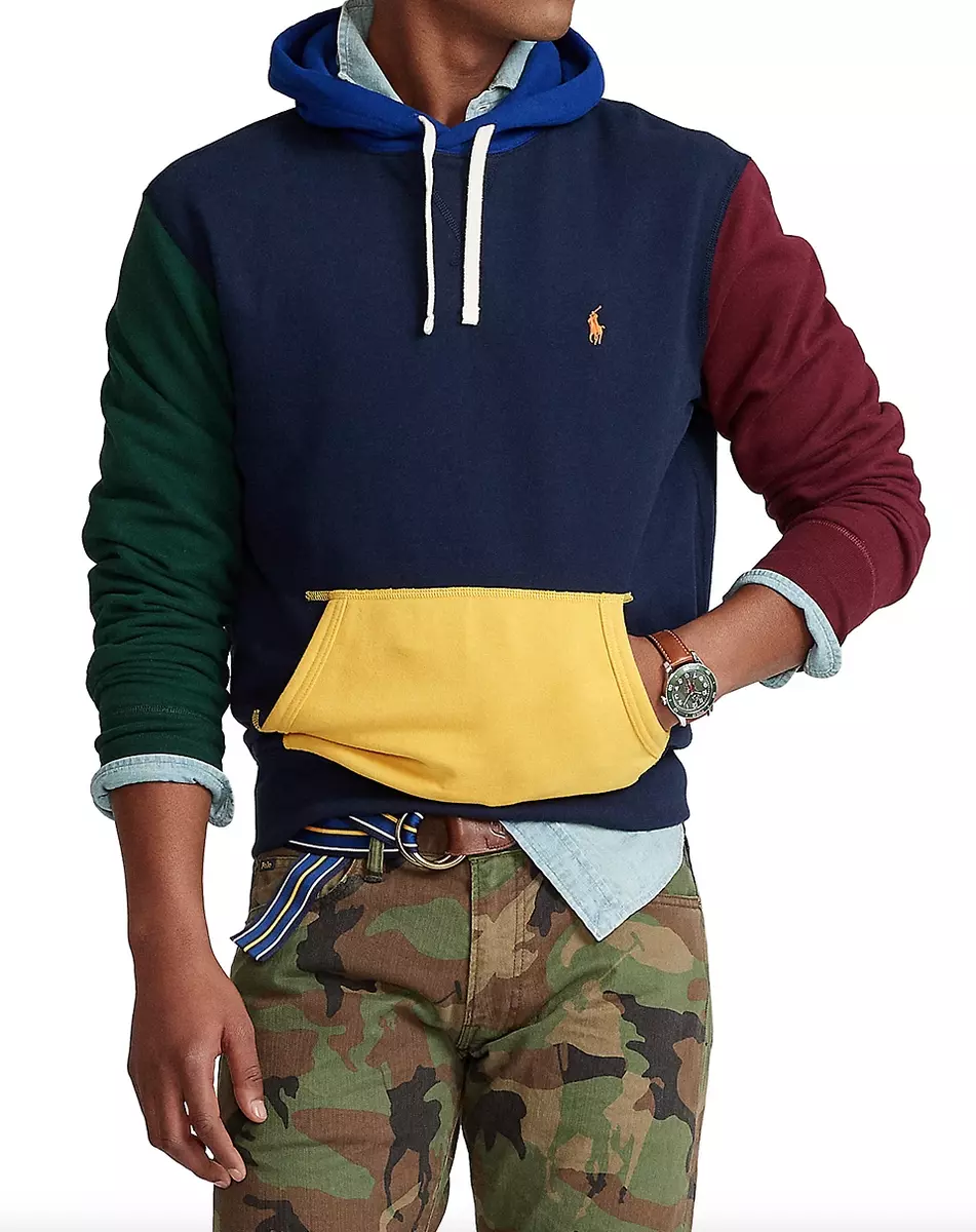 POLO RALPH LAUREN Men s Navy Multi Colorblock Fleece Pullover Hoodie NEW NWT