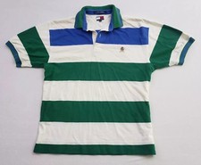 Vintage Tommy Hilfiger Polo Shirt Crest Logo Blue Green Striped Men's Medium