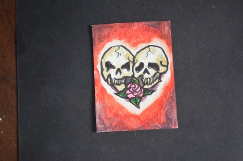 ACEO ORIGINAL ART CARDS Watercolor Skull Heart Signed - Picture 2 of 4