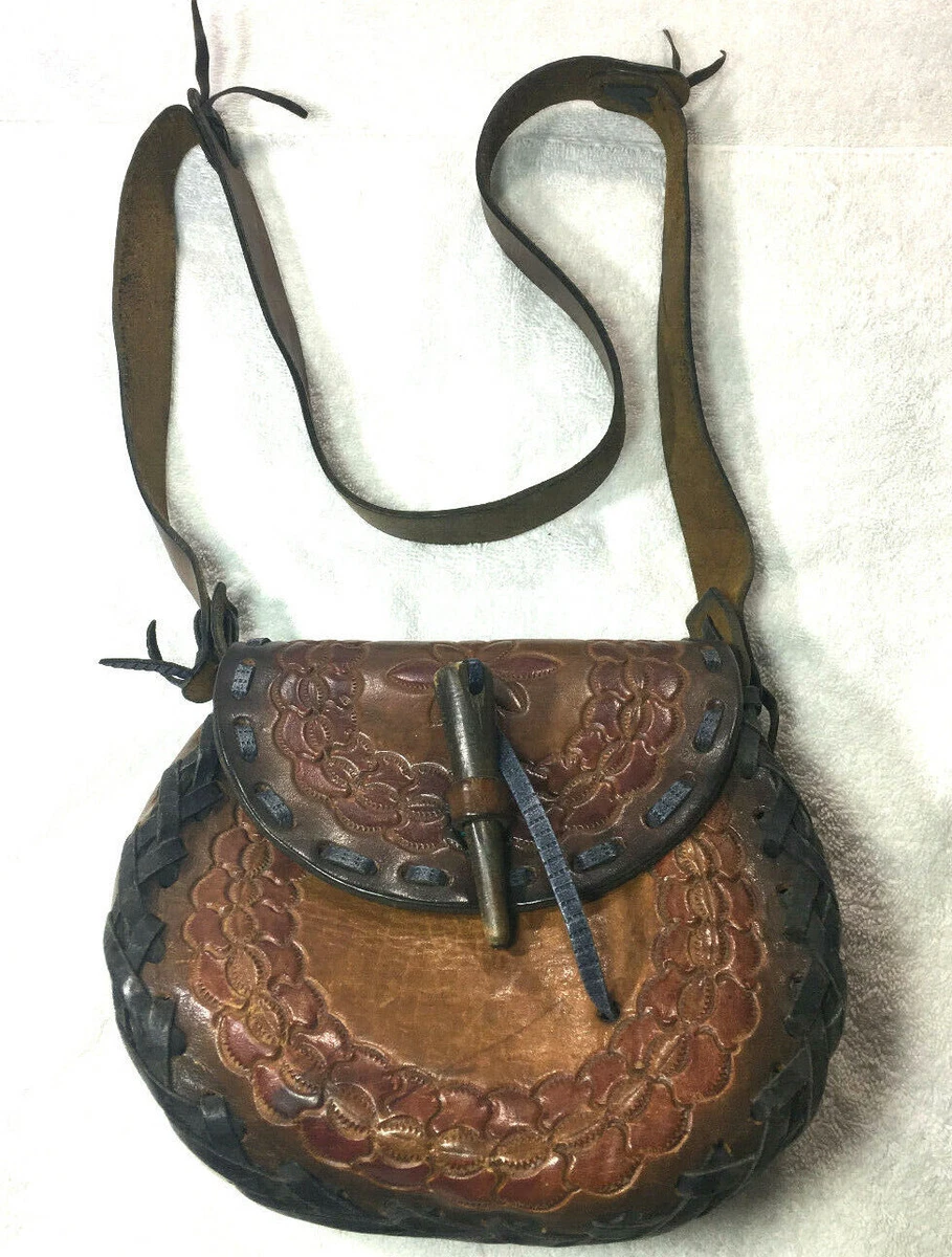 VTG Purse Bag Hippy Style Hand Tooled Brown Leather Western Wear