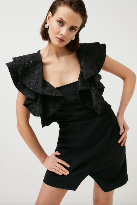 【Karen Millen】コントラストカラー プリーツ ボタンドレス Karen Millen Dress Size US 6 Sparkle Jacquard Contrast