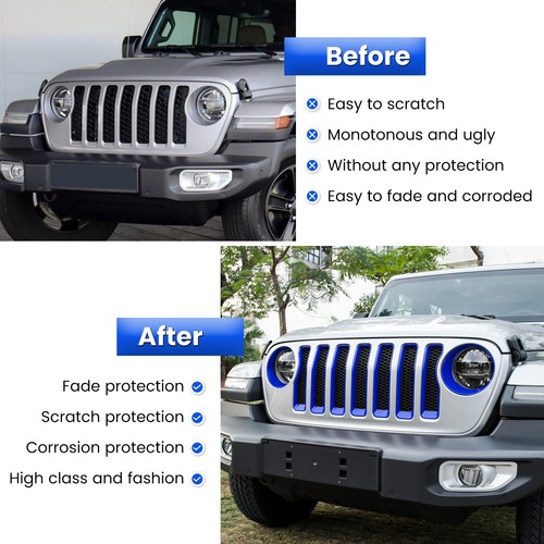 For Jeep Wrangler JL JLU Front Mesh Grille Grill Insert+Headlight Cover 2018-23 - Picture 4 of 9