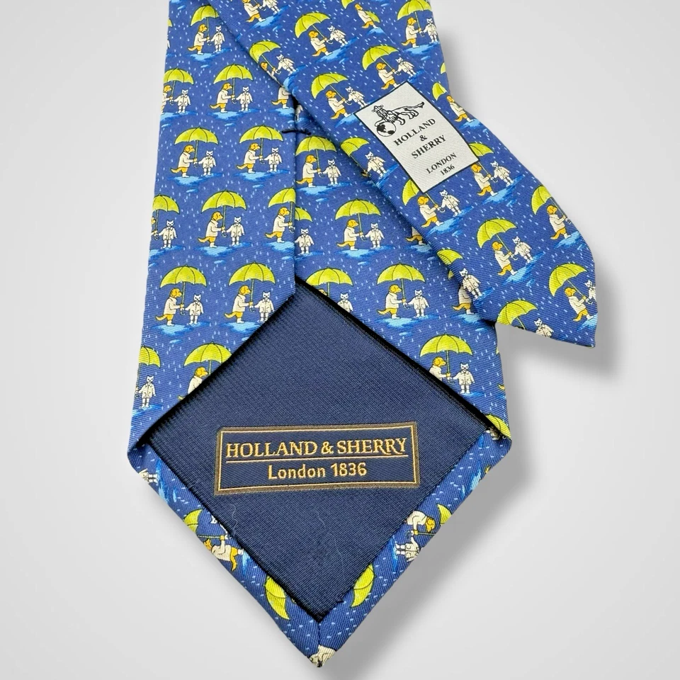 Paraguas de lluvia Holland & Sherry London azul seda corbata perro gato para hombre 58" x 3,5" Foto 2 de 4