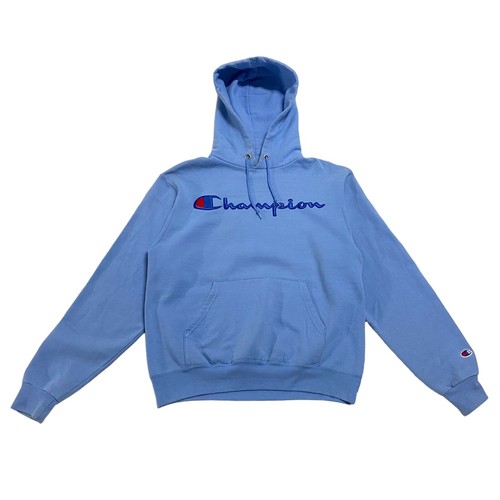 Champion Embroidered Spell Out Logo Pullover Hoodie | Vintage Sportswear Blue