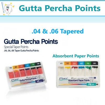 GUTTA PERCHA POINTS or ABSORBENT PAPER POINTS Taper 0.4 or 0.6, Meta, All Sizes