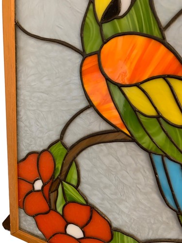Stained Glass Parrot/Bird of Paradise Flowers Window Sun catcher 19.5x15” Framed - Picture 4 of 16