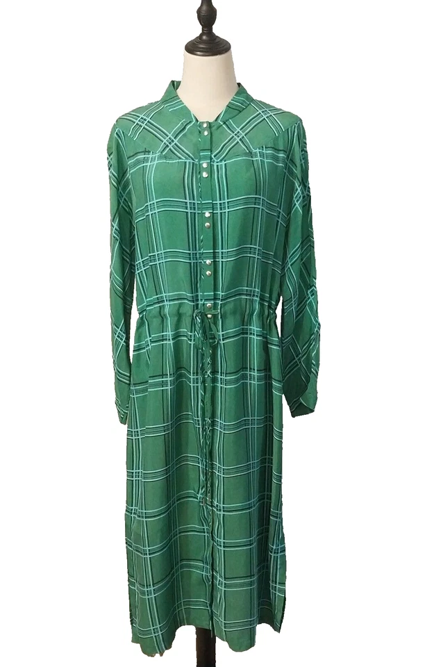 Country Road Size 12 Emerald Green Blue Black Check Cupro Belted Shirt Dress - image 2 of 4