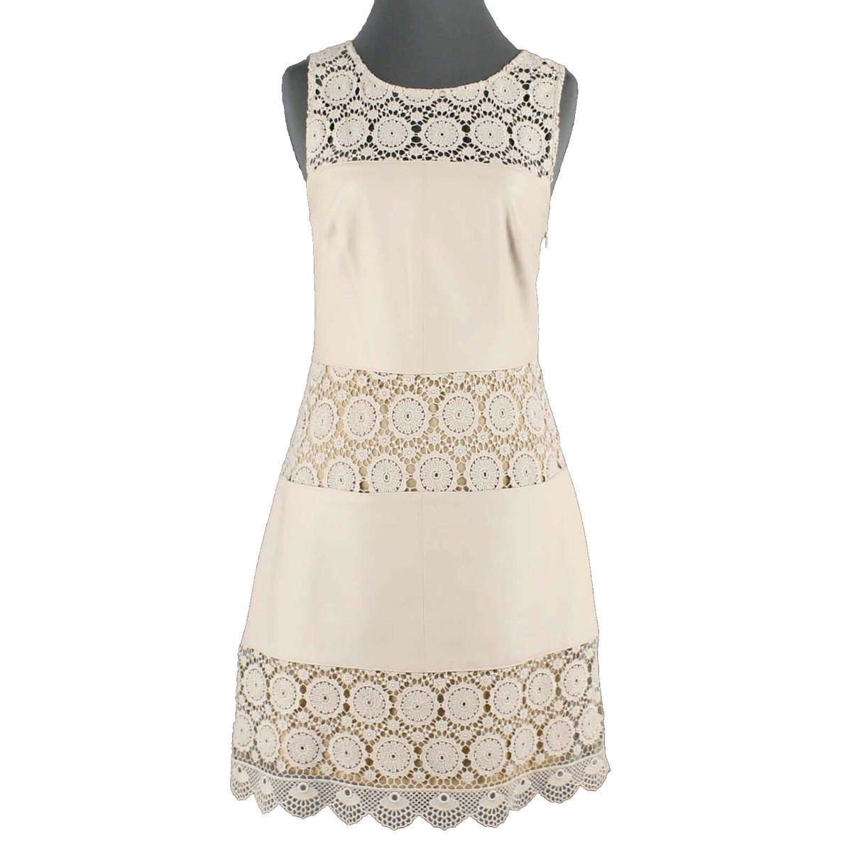 Bailey 44 Sz M Tan Lined Lace Inserts Rayon Blend Cotton Polyester Leather  Dress