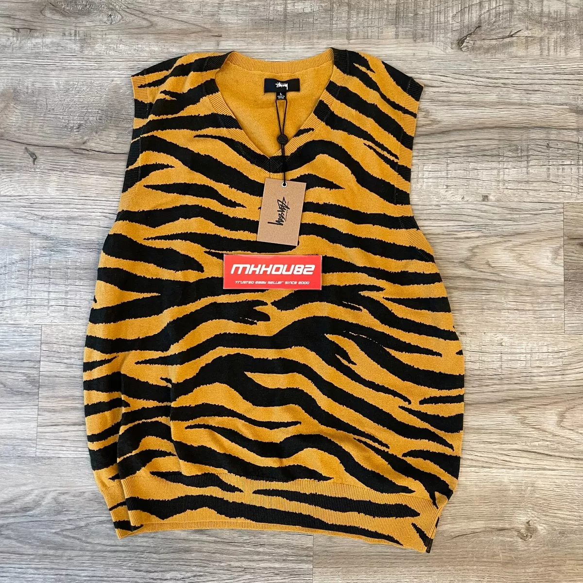 New Stussy Tiger Printed Sweater Vest Mustard Orange Black Size L