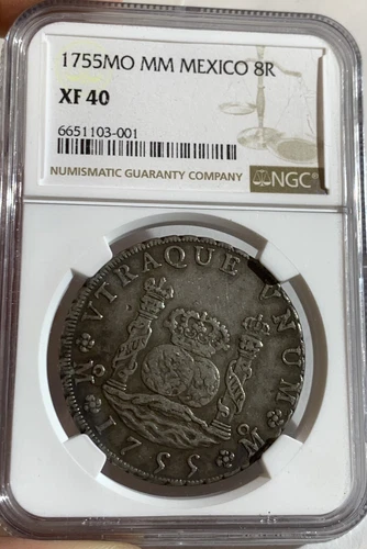 1755 MO MEXICO 8 REALES SILVER COIN PILLAR TYPE NGC XF40