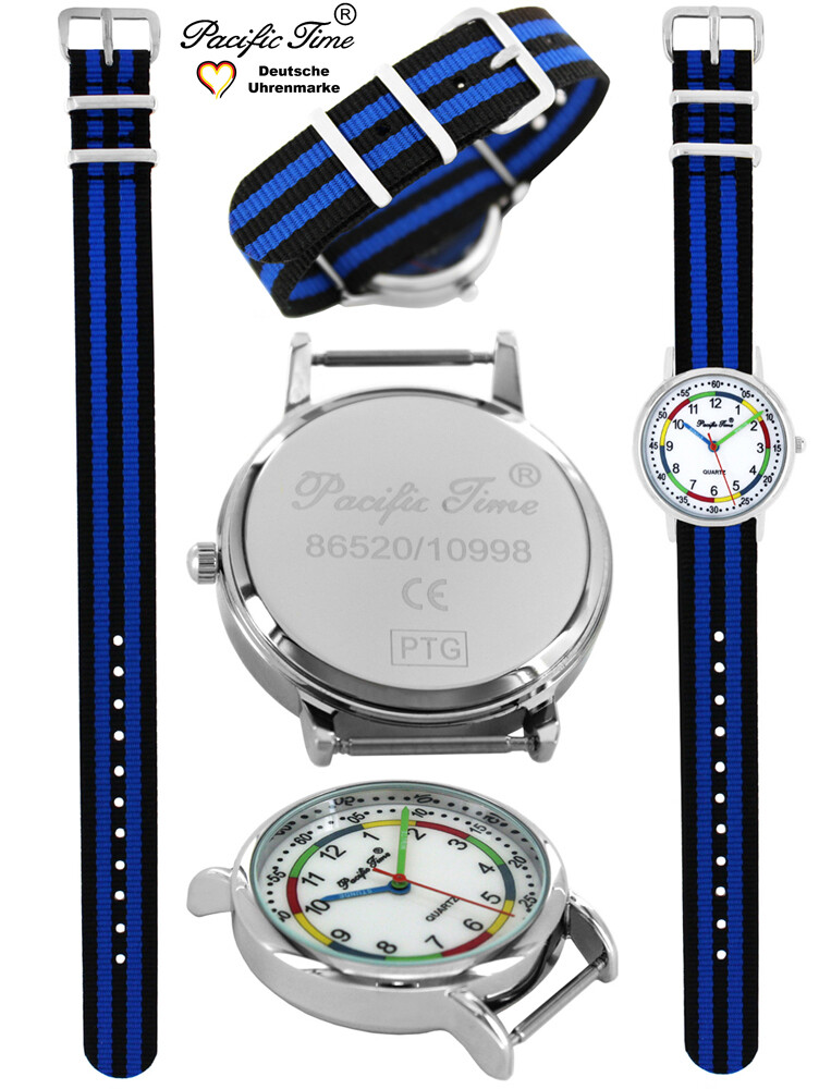 Armbanduhr Kinder Uhr Jungen Mädchen Lernuhr Nylon Armband blau schwarz  Quarz