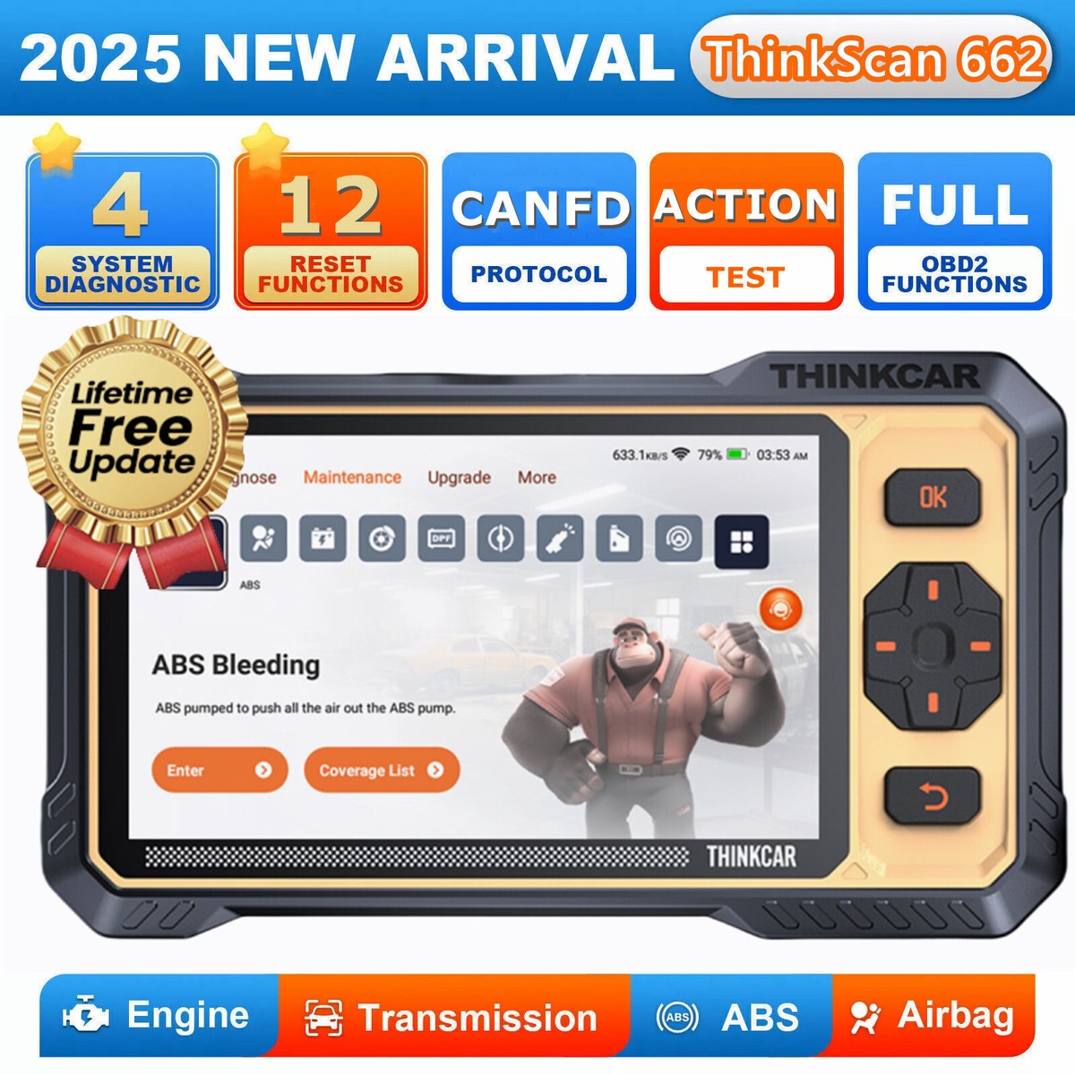 2025 ThinkScan 662 OBD2 Diagnostic Scanner ABS SRS 4 Systems Fault