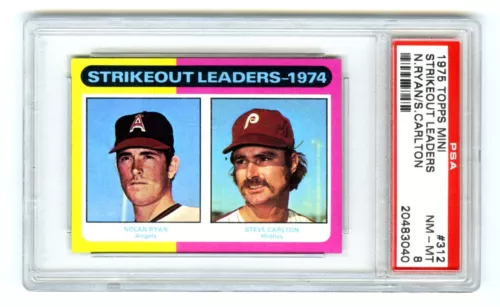 NOLAN RYAN&STEVE CARLTON~1975 TOPPS MINI STRIKEOUT LEADERS PSA-8 NM-MT CARD #312