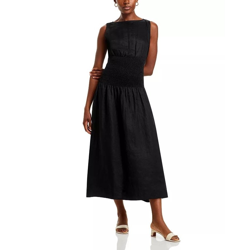 Faithfull the Brand Women Black Linen La Canella Smocked Waist Midi Dress Size 6
