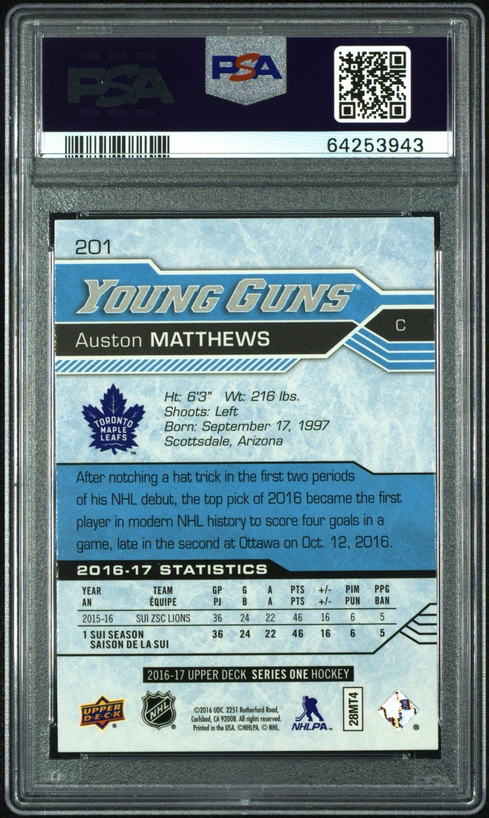 2016 Upper Deck PSA 10 Young Guns AUSTON MATTHEWS Leafs RC Rookie SSP KM2 view 2