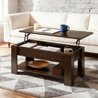 Espresso Lift Top Coffee Table With Hidden Storage And Open Shelf