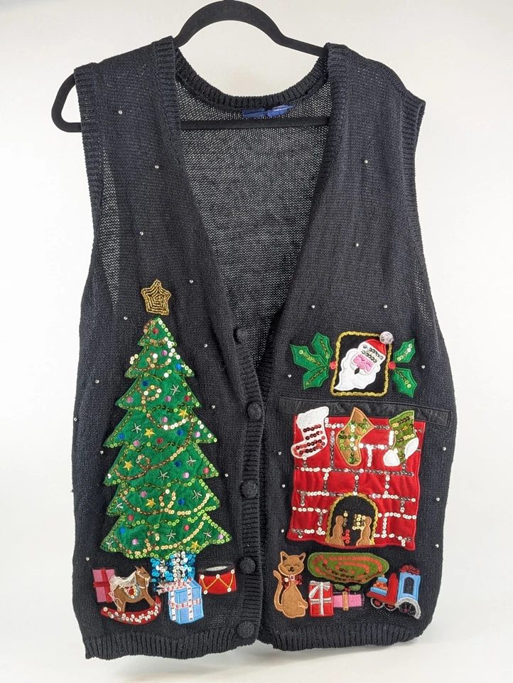 Vtg Basic Editions Ugly Christmas Vest Women’s 2X Black Holiday Sweater Cardigan - Image 3 of 4