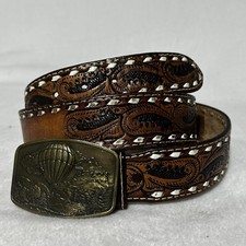 Vintage Wright Hand Tooled Western Leather Belt W Buckle Mens 44 Cowhide Country