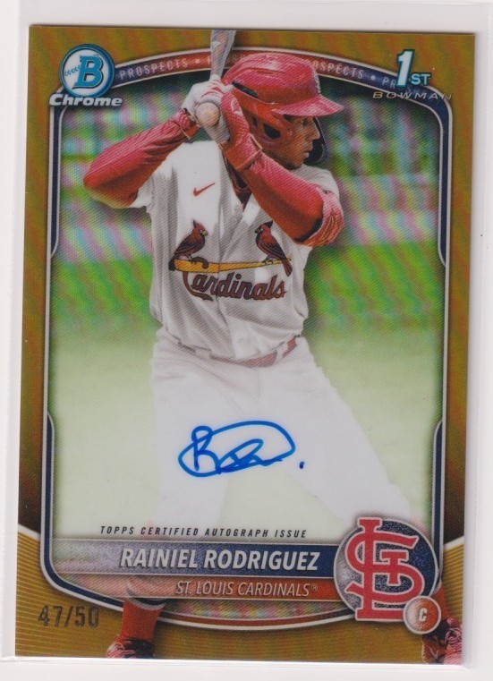 2025 RAINIEL RODRIGUEZ 1ST BOWMAN CHROME TRUE GOLD AUTO /50. CARDINALS
