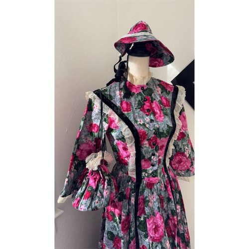 STUNNING handmade Vintage Victorian Floral Dress Sun Hat Set Handbag Womens Sz S - Picture 3 of 16