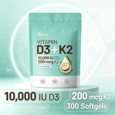 VivoNu D3+K2 Vitamin Softgels, 300ct Each, Support Bone & Immune Health