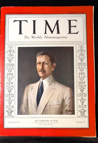 1931 SEPTEMBER 14 TIME MAGAZINE - SECRETARY OF WAR PATRICK JAY HURLEY