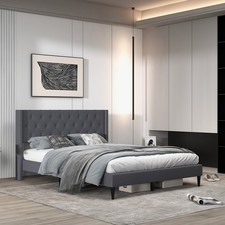 Queen Size Upholstered Platform Bed with Button Tufted Wingback Headboard Grey