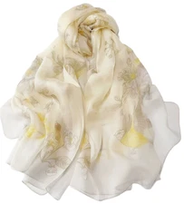 100% Silk Scarf Women neckerchief thin Shawl Wrap Floral beige yellow  HD118-67