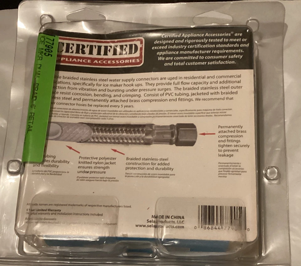 Electrodoméstico certificado Acc. Conector para máquina de hielo de acero inoxidable trenzado de 6 pies. (#59) Foto 3 de 4