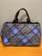 PRADA Canapa Check Tote Bag Blue US TAX Includ