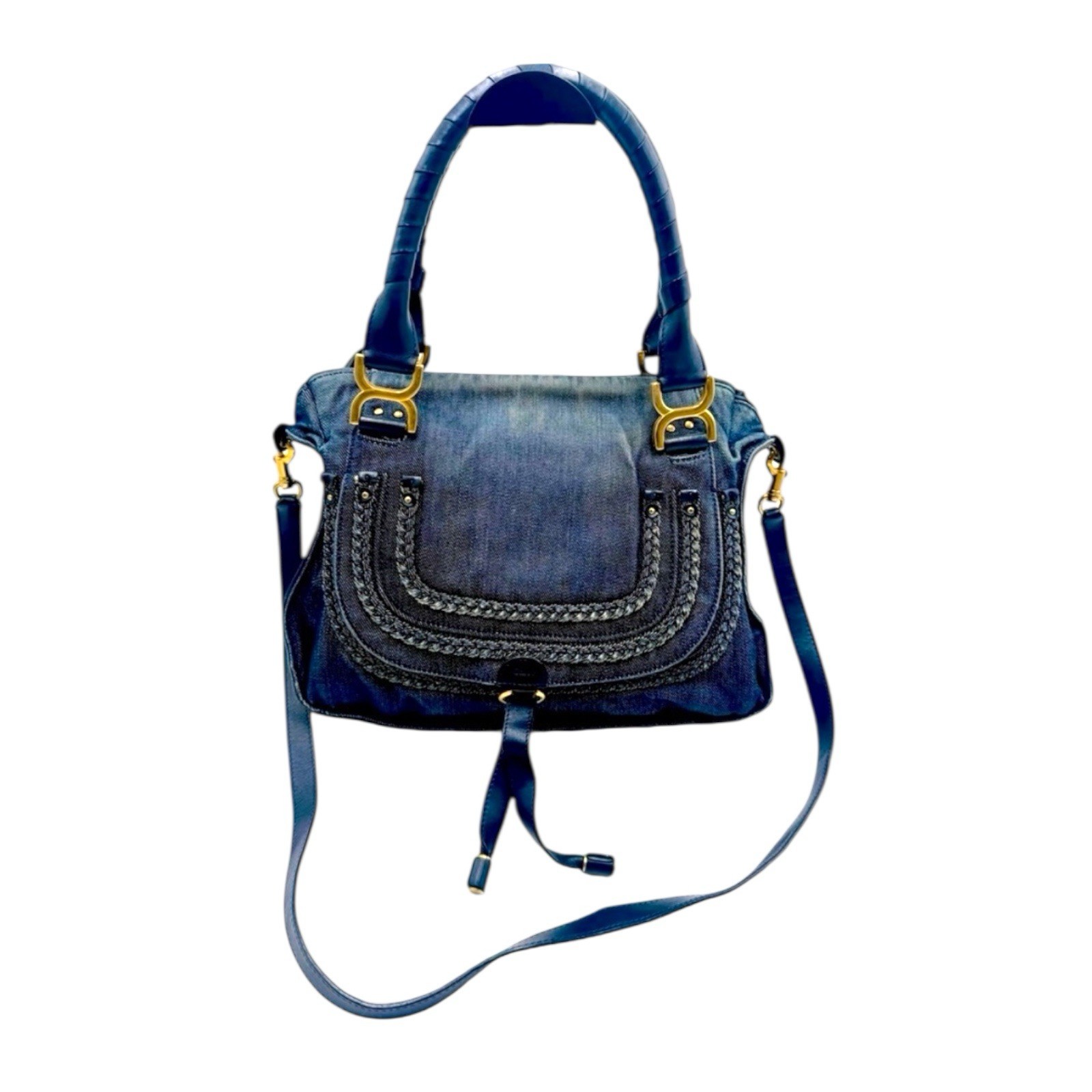Chloe Dark Blue Denim & Leather Medium Marcie Double Satchel
