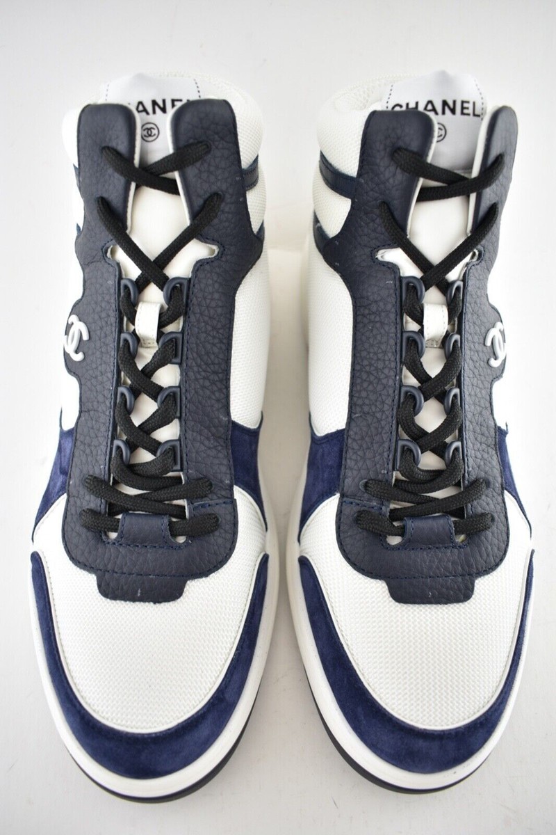 Chanel 22P Mens White Navy Blue CC Logo High Top Lace Up Trainer