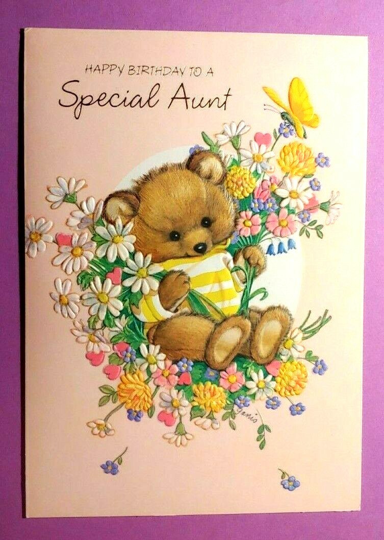 Vtg Gibson Happy Birthday Bear With Lots Flowers "Special Aunt Unused Card  Envel | eBay