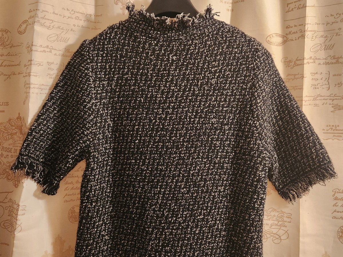 H&M Fringe-trimmed Textured-knit Dress Stretchy black/taupe patternEd Sz S  & M