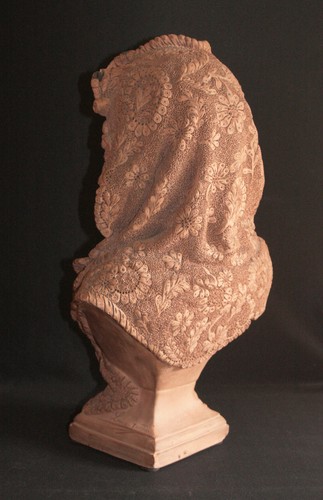Buste de demoiselle au foulard Statue en terre cuite Laure Coutan Martin XIX ème - Picture 5 of 11