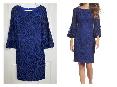 ELIZA J Cobalt Blue Lace Flare Bell Sleeve Midi Dress Wedding Formal  Holiday 2