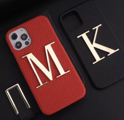 Personalised iphone cover case gold metal pebble leather initial