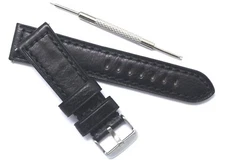 20 22mm Black Wrinkling Calf Leather Men Watch Strap W/ Spring Bar Remover Tool