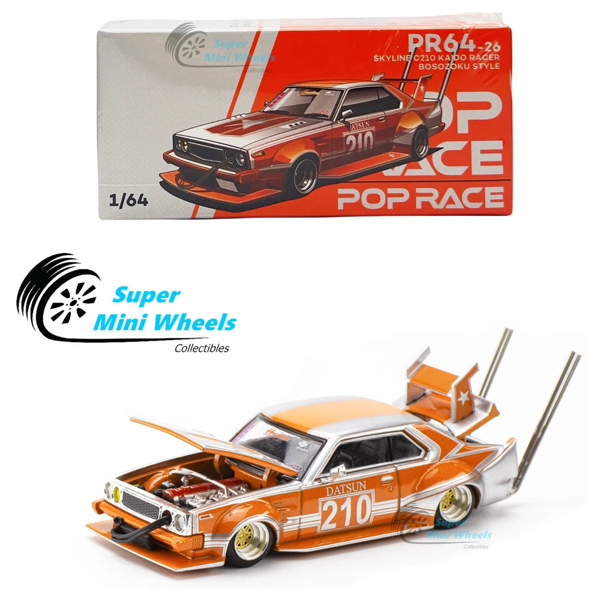 Pop Race 1:64 Skyline C210 Kaido Racer Bosozoku Style (Orange 