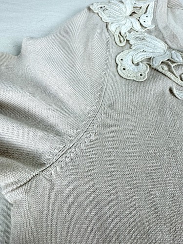 White House Black Market 3/4-Ärmel Strickjacke Reißverschluss hellbraun elfenbeinfarben Spitze Pullover Small - Bild 10 von 10