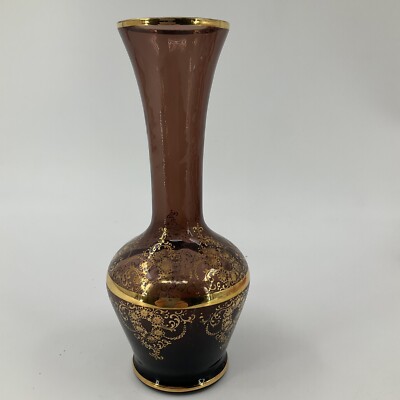 Antique Hand Blown Art Glass Amethyst Purple Footed Flute Bud Vase Gold Bud