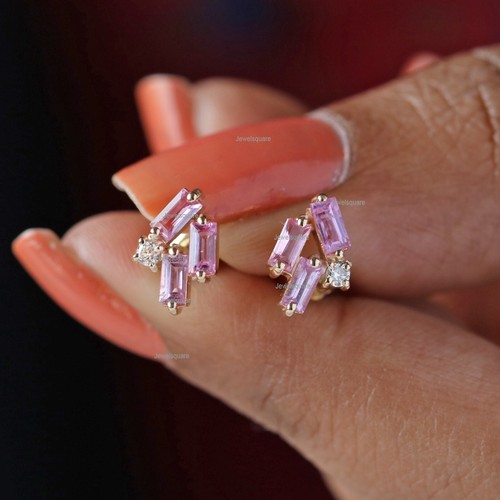 4x2mm Baguette Pink Sapphire & Real Diamond Mini Cluster Studs Earrings 14k Gold - 第 1/9 張圖片