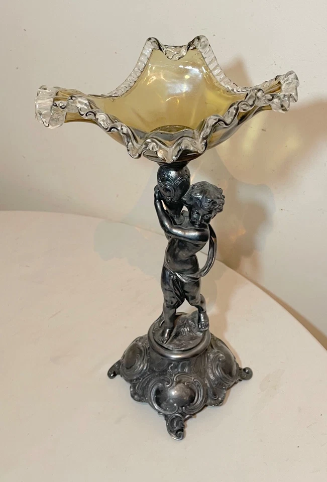 antique ornate silverplate cherub figural blown glass centerpiece tazza compote - Image 3 of 4