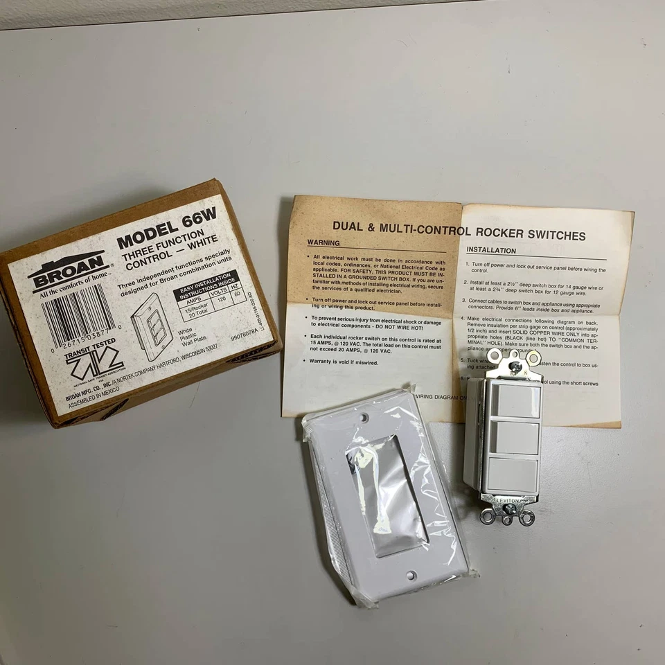 NOS Broan Tres Funciones Control Blanco Interruptor Placa Control Pared 68W NuTone 120V Foto 2 de 4