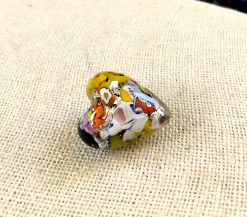 Large Murano Glass Heart Shape Fiorato Bead Multi Colored Sterling Silver Leaf - Picture 3 of 5