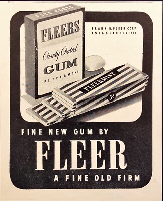 Fleers Candy Coated Gum Peppermint 5 cents Vintage Print Ad 1943