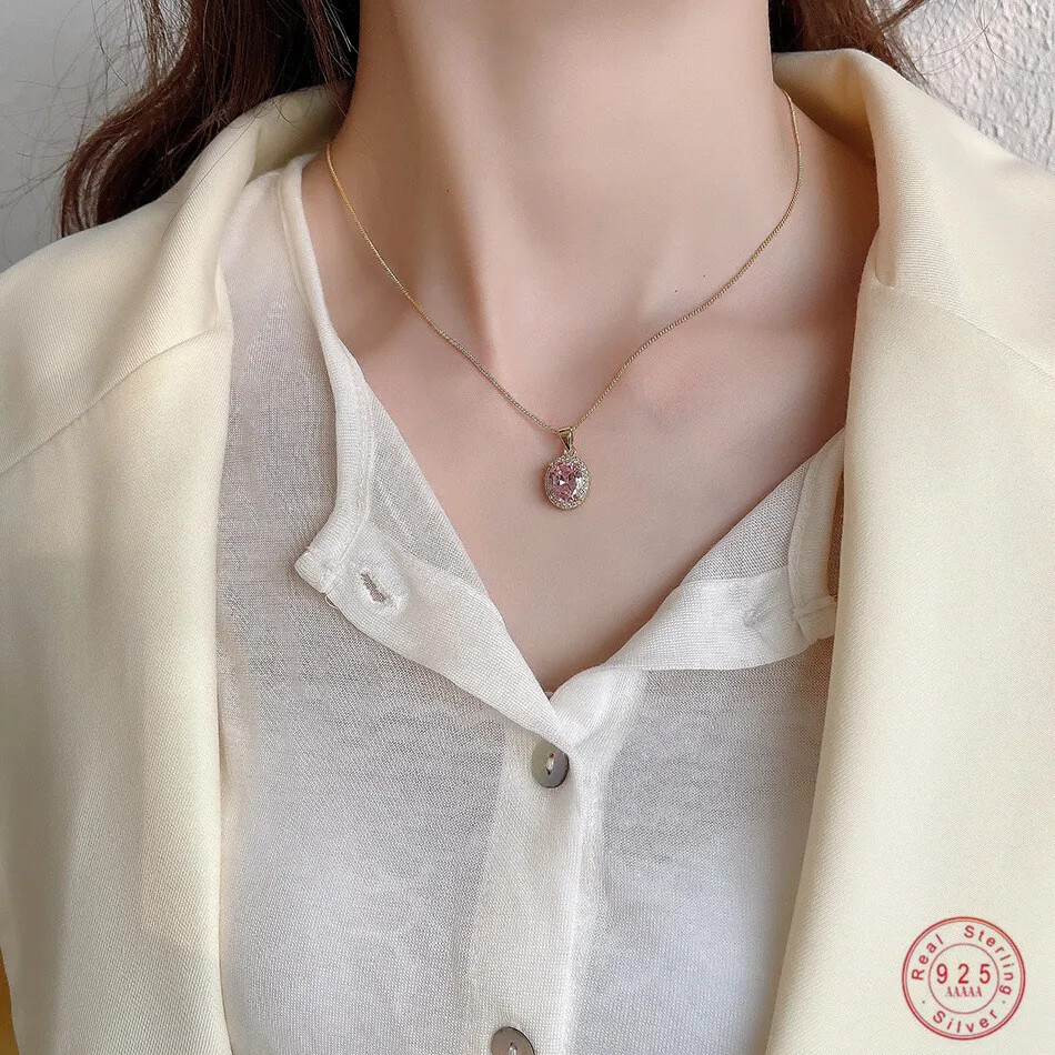 925 Sterling Silver   Pink Crystal Pendant  Necklace Women   God