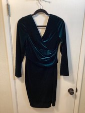 Eliza J Velvet Dress Women Size 12 Emerald Green Long Sleeve Faux Wrap Sheath