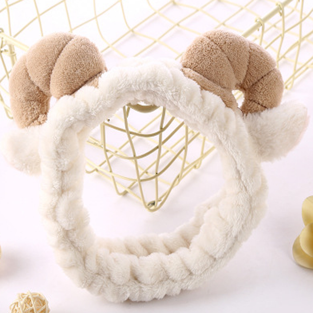 Cute Elastic Soft Ram Horns Coral Fleece Headband Makeup Shower Hair