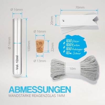 Tuuters 25 Kunststoff-Reagenzgläser Mit Korken, Jute-Schnur & Etikett – Für Hobby, Schule & Basteln